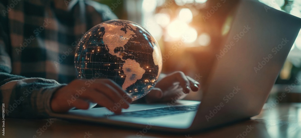 Poster businessman holding a laptop and a global network connection with a world globe on a hologram interf
