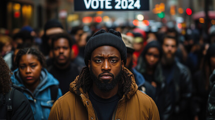 Obraz premium Diverse crowd of voters in line at a polling station, with 