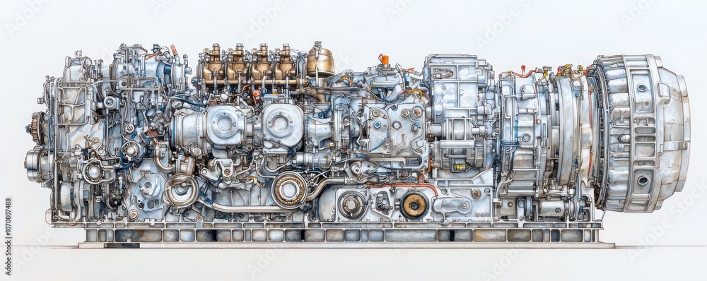 Poster detailed illustration of a complex engine with numerous components