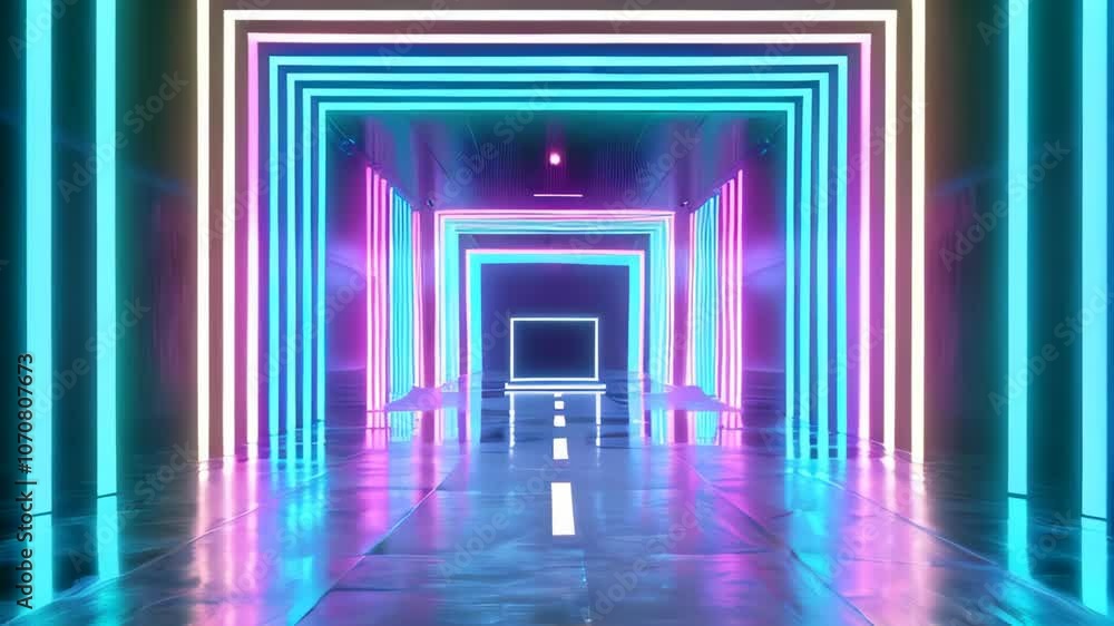 Poster step into a dazzling corridor of glowing neon lights reflecting a captivating array of colors that b