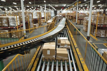 Fototapeta premium Busy warehouse environment with an effective conveyor belt system moving packages