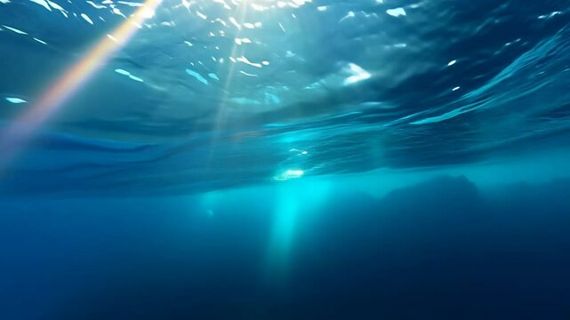 Sunlight pierces the surface of a deep blue ocean, illuminating the seabed below.