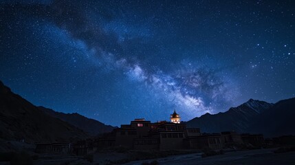 A stunning view of the Milky Way stretching across the night sky over a remote Ladakhi monastery, its silhouette illuminated by moonlight
