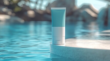 Naklejka premium Refreshing Summer Skincare: A White and Blue Cosmetic Tube by the Pool. Perfect for sun protection, hydration, and a healthy glow.
