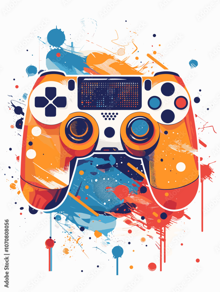 Aufkleber colorful game controller with a splash of paint on it. the controller is orange and white with a bla