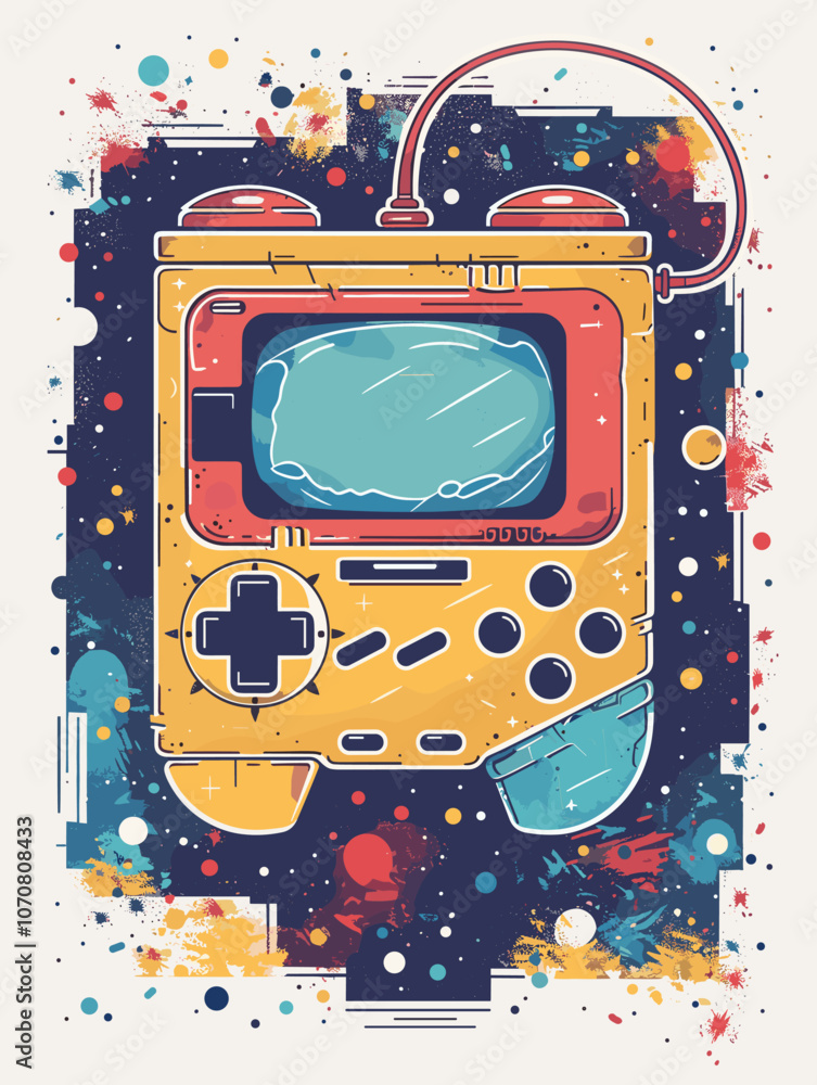 Aufkleber yellow and red game controller with a red and blue screen. the controller is surrounded by a colorfu