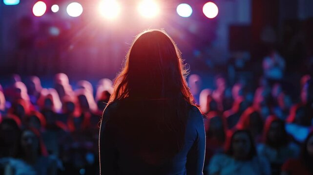 A passionate presenter connects with listeners in a stunningly illuminated venue, inspiring and captivating everyone present