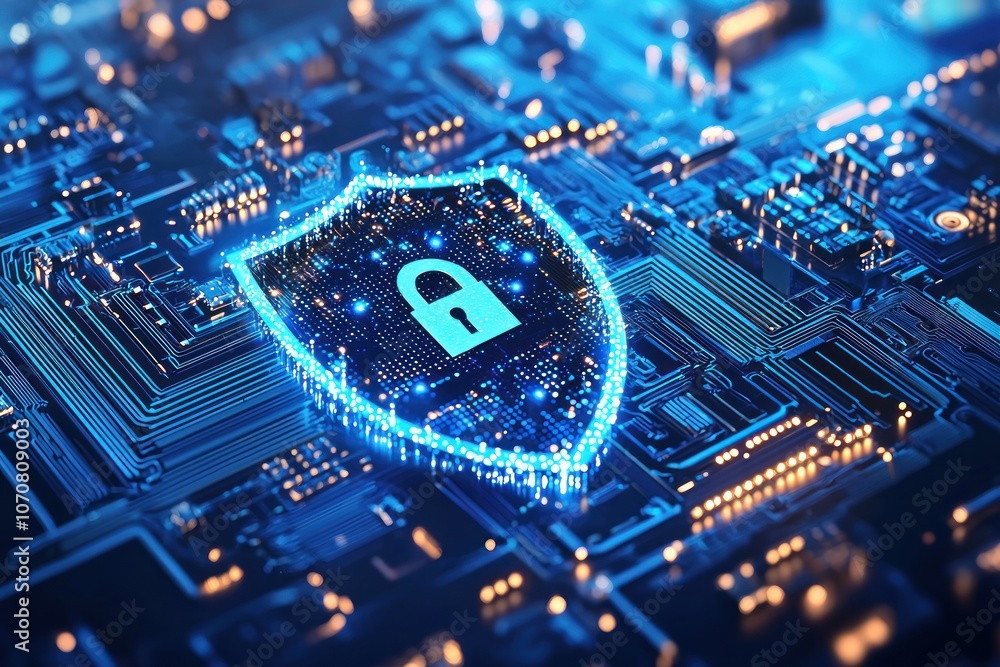 Poster a glowing blue shield with a padlock icon on a circuit board