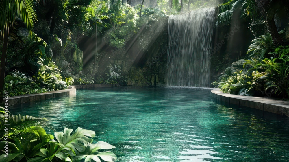 Poster tranquil swimming pool surrounded by lush greenery with a waterfall in the background