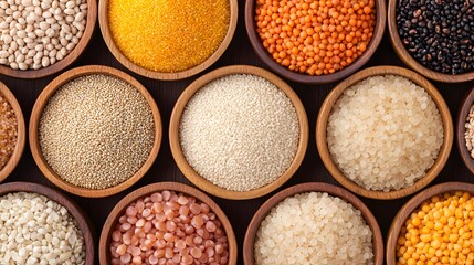 Various Grains and Legumes in Wooden Bowls