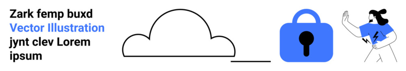 Cloud security symbolized by a cloud icon linked to a blue lock and a person holding a device. Ideal for data protection, cybersecurity, IT services, online safety, cloud storage, secure login