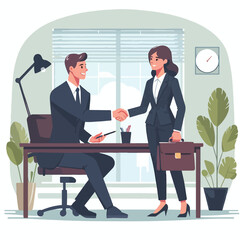 People shaking hands at work - Two businesspeople, man and woman doing handshake in office at work while smiling over business agreement and deal. Flat design stock illustration on white background