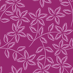 Flower garden wallpaper design vector prepared for textile printing. Seamless floral pattern with abstract hand drawn flower and leaf background elements in purple
