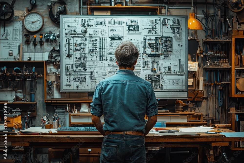 Aufkleber Man Studying Architectural Blueprints in a Workshop
