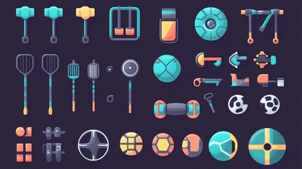 Collection of colorful vector tools and gadgets on a dark background, ideal for design and technology themes.