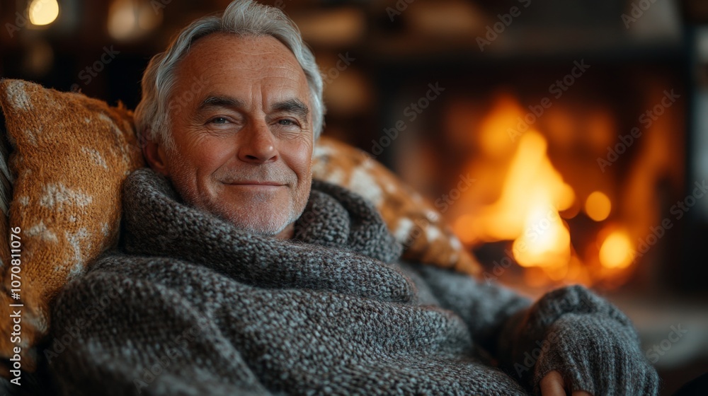 Poster an older man smiles softly while reclining comfortably on a couch, surrounded by warm blankets, as a