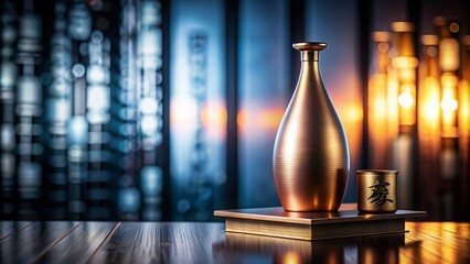 Elegant Bronze Sake Bottle on Minimalist Stand Showcasing Modern Design and Artistic Appeal in a Panoramic Format for Contemporary Home Decor Enthusiasts