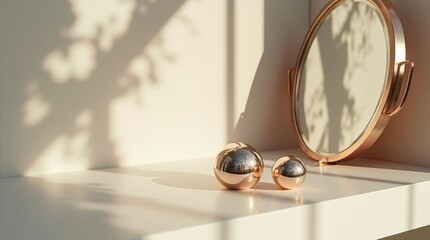 Obraz premium Close-up of polished metallic objects, such as spheres or sharp-edged structures, placed on a reflective surface.