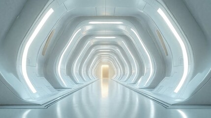 Obraz premium Futuristic white corridor with repeating illuminated arches creating a tunnel effect, leading to a warm glowing exit point, featuring sleek geometric design and reflective flooring