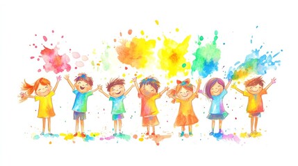 Fototapeta premium Happy Children Playing Holi Colorful Watercolor Illustration Kids Fun Rainbow Splashes