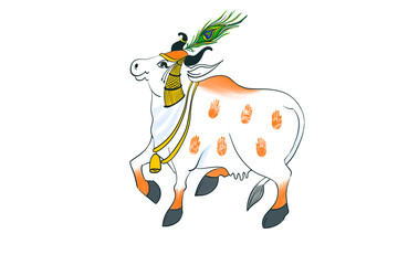 Hand drawn Indian cow in traditional Rajasthani style. Digital illustration.