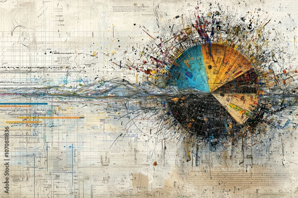 Poster Abstract Art with a Circular Form and Doodles on a Gridded Background
