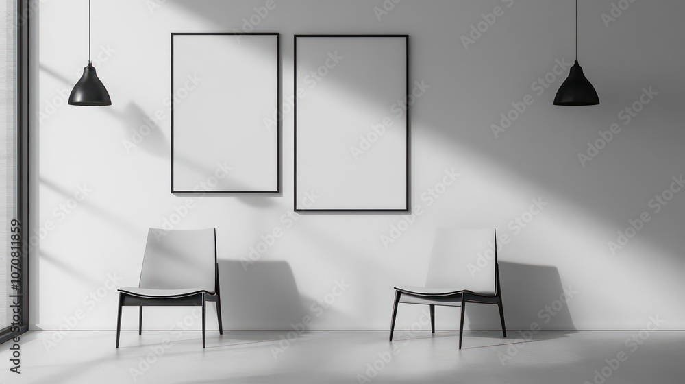 Poster Minimalist interior with two empty frames and chairs in a well-lit space.