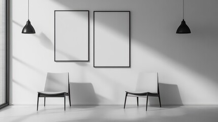 Minimalist interior with two empty frames and chairs in a well-lit space.