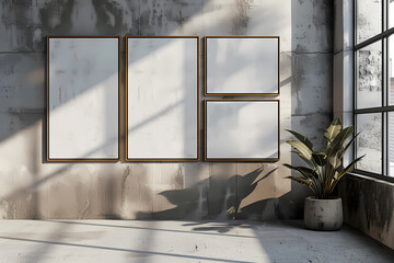 A minimalist room with empty frames on a textured wall, emphasizing natural light and shadows. A potted plant adds a touch of greenery.