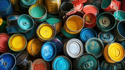 An assortment of recyclable materials tin cans and colorful plastic bottle caps, ready for an eco-friendly sorting process.