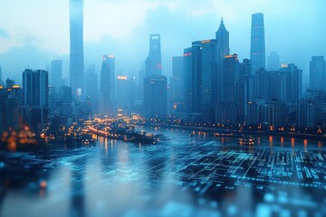Fototapeta premium City skyline illuminated by lights at dusk near a calm river with reflections in the water