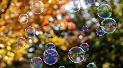 A close-up of soap bubbles with vivid reflections against a blurred background, emphasizing their colorful, playful appearance.