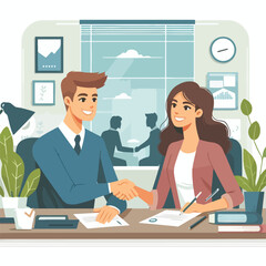 People shaking hands at work - Two businesspeople, man and woman doing handshake in office at work while smiling over business agreement and deal. Flat design stock illustration on white background