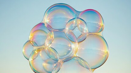 A cluster of soap bubbles drifting in the air with colorful reflections, set against a blue sky for a lighthearted, cheerful look.