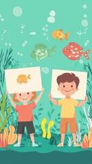 Children cheerfully showcase their colorful fish drawings while exploring the underwater world