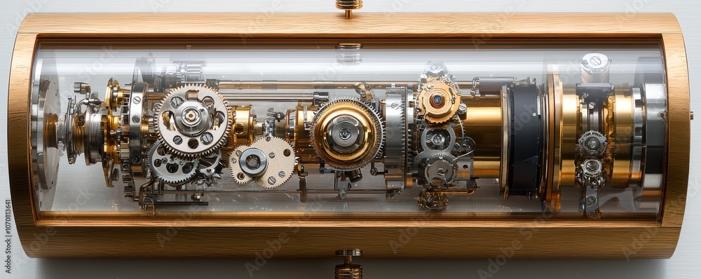 Poster intricate mechanical mechanism enclosed in a wooden case