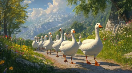 Obraz premium A flock of white geese walking along a rural path under bright sunshine, with green trees and wildflowers in the background.