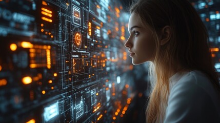 Holographic AI supervisors aid a young woman in a futuristic digital control center