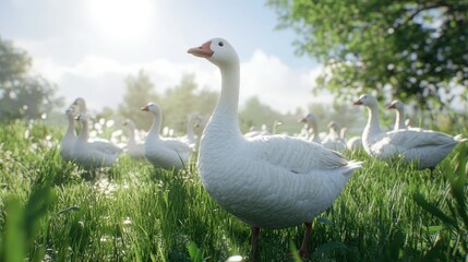 Obraz premium A group of white geese gathered on a grassy field under bright sunlight, with a soft blue sky in the background, creating a cheerful outdoor scene.