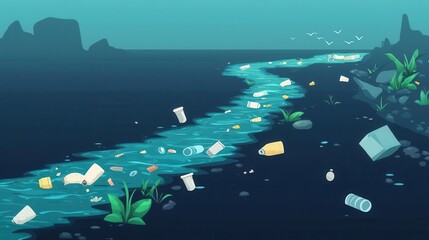 Naklejka premium Plastic waste carried by river to ocean, pollution flow, flat design icon
