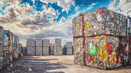 Fototapeta premium Recycling yard filled with structured aluminum can bales, highlighting environmental practices.