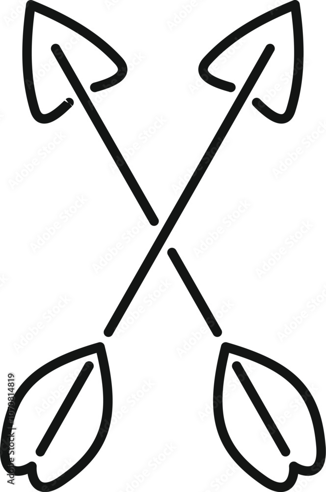Poster minimalist line art depicting two crossed arrows, creating a simple yet evocative archery symbol