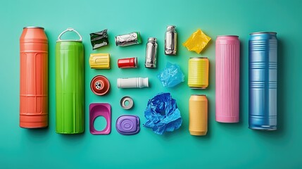 A recycling setup featuring colorful plastic caps and tin cans arranged on a bright background, promoting waste reduction.