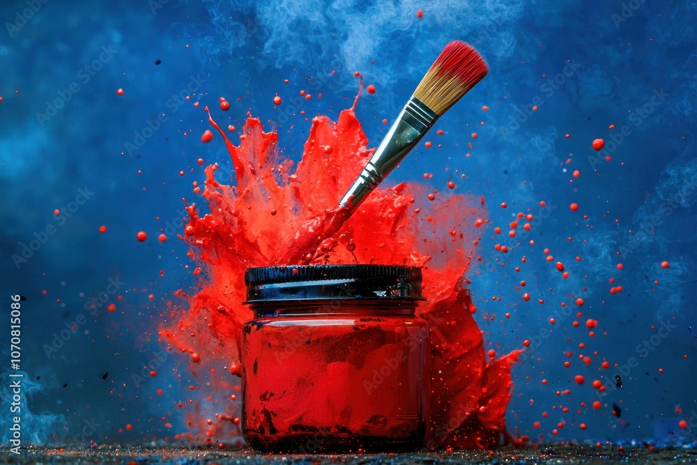 Aufkleber Red Paint Splashing from Jar with Brush