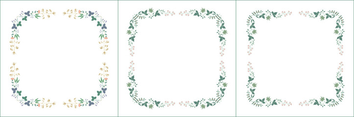 Obraz premium Set of three elegant green vegetal ornamental frame with flowers, decorative border, corners for greeting cards, banners, business cards, invitations, menus. Isolated vector illustration