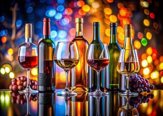 Elegant Collection of Wine Icons Featuring Assorted Glasses and Bottles for Invitations, Advertising Banners, and Menus in a Luxurious Setting