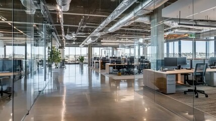 A spacious office seen through glass doors, with collaborative workspaces, minimalistic furniture, and natural lighting enhancing productivity.