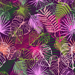 tropical seamless pattern of palm and monstera leaf outlines overlapping each other