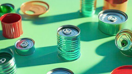 Bright plastic caps and shiny tin cans on a clean surface, emphasizing the role of recycling in environmental conservation.