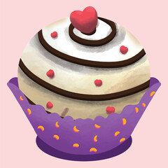 cute vector illustration of a round white chocolate cake with small pink chocolate hearts sprinkled on top wrapped in purple paper